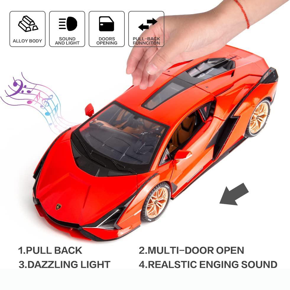 1/18 skala Lambo Sian Diecast modellbilleketøy, tilbaketrekkende kjøretøy med lyd og lys for barn Voksne gavesamling