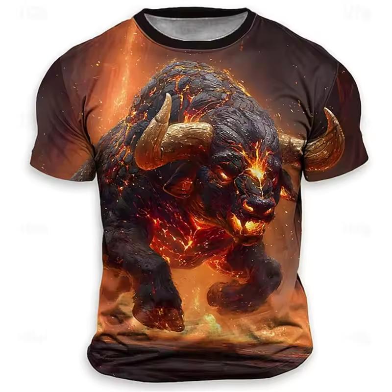 Men's Divine Bull Print T-Shirt Animal Print Short-Sleeve Top Casual Streetwear Oversized Short-Sleeve Men Vintage Clothing