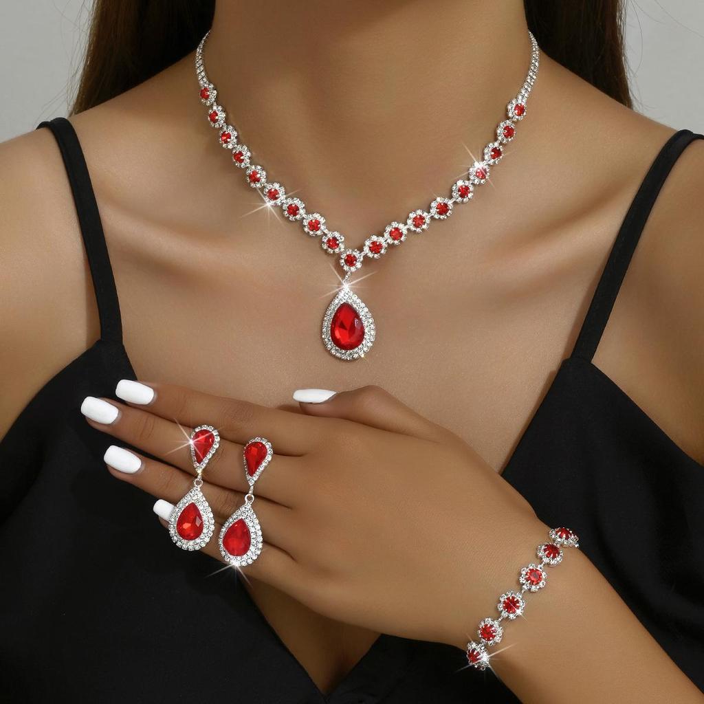 Elegant Multi-Color Floral Diamond Wedding Jewelry Set - Necklace, Stud Earrings & Bracelet
