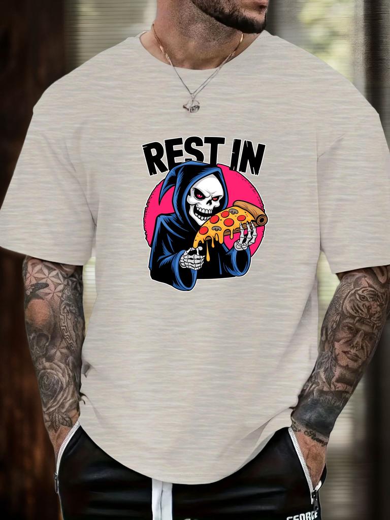 Mens Casual Tshirt Grim Reaper Pizza REST IN Print Short Sleeve Round Neck Breathable Oversized Daily Wear Tee
