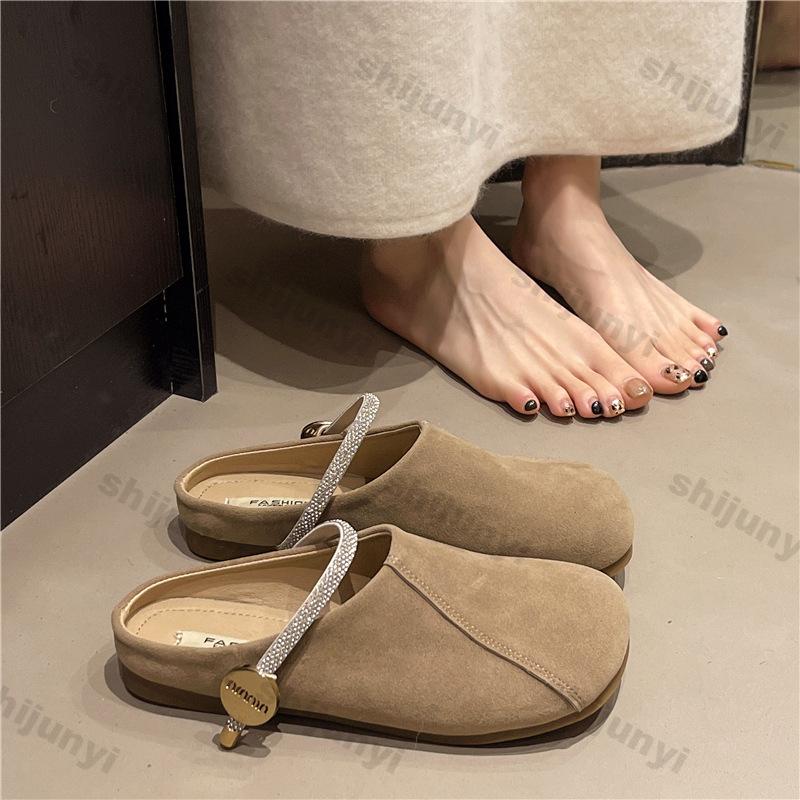 Women Shoes 2025 Summer New Vintage Rhinestone Half Drag Shoes Outdoor Comfort Soft Sole Metal Decoration Women Sandals