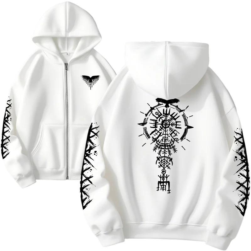 Autumn Winter Casual Fashion Warm Coat Streetwear Oversize Y2k Tops Women Zipper Hoodie Viking Raven Print Sweatshirt
