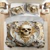 Golden Skull Duvet Cover Set 1 Duvet Cover+2 Pillowcases Elegant White Golden Floral Skull Design Breathable Bedding Set