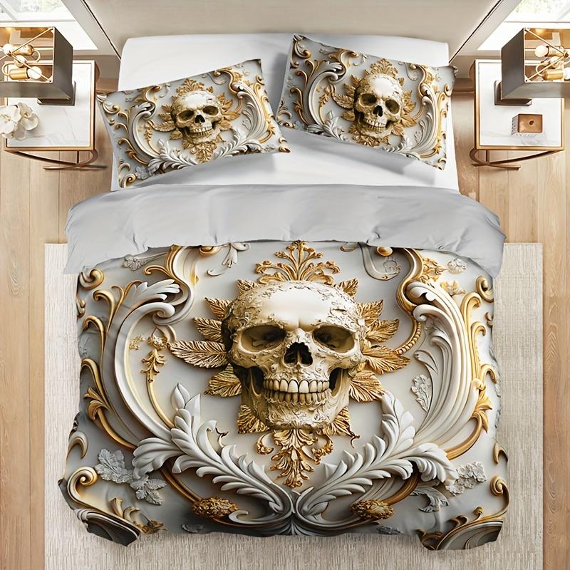 Golden Skull Duvet Cover Set 1 Duvet Cover+2 Pillowcases Elegant White Golden Floral Skull Design Breathable Bedding Set