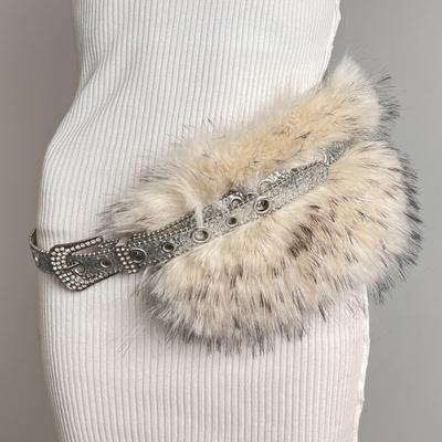 Rhinestone Faux Fur Patchwork Belt - Sparkling Faux Fur Belt - Buckle & Eyelet Hot Girl Belt