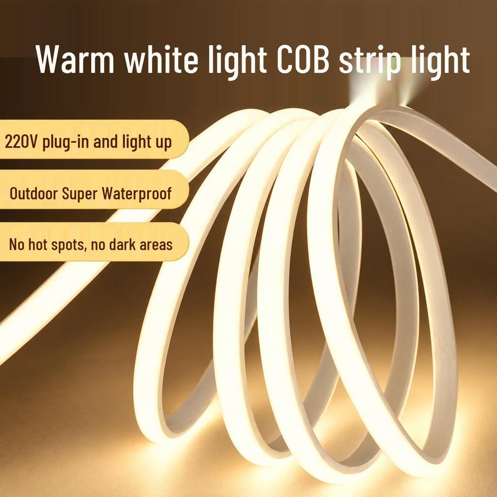 220V Plug-in COB LED Strip Light, Waterproof, Self-Adhesive, Flexible Silicone for Outdoor Use