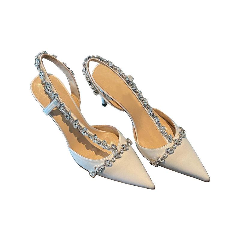 Temperament French small heels socialite pointed single shoes fairy white high heels thin heel rhinestone bag head sandals female summer