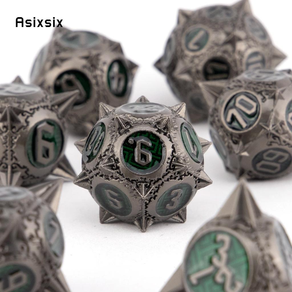 7 ks Stříbrná Zelená Meteor Hammer Kovová kostka Pevný kov Sada mnohostěnných kostek Vhodné pro RPG stolní karetní hru