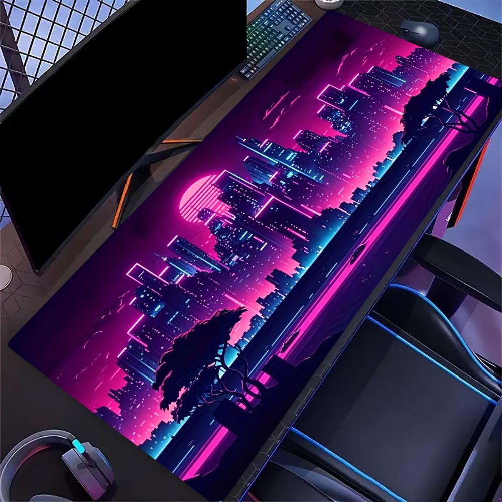 Large Gaming Mouse Pad Synthwave City Print Stitched Edges Non Slip Rubber Base For Gamer Laptop Office Workstation