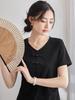 2026 Summer Women's Loose V-Neck Cotton T-shirt with Frog Button - Solid Color, Chinese Style
