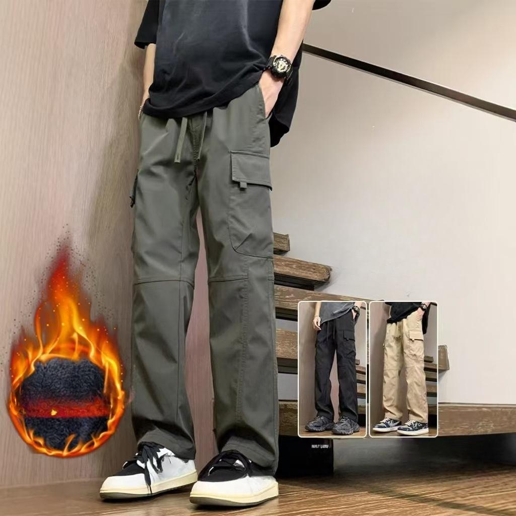 Men's Spring Autumn Loose Sports Straight Leg Outdoor Hiking Long Pants American Style Fleece Lined Cargo Casual Pants