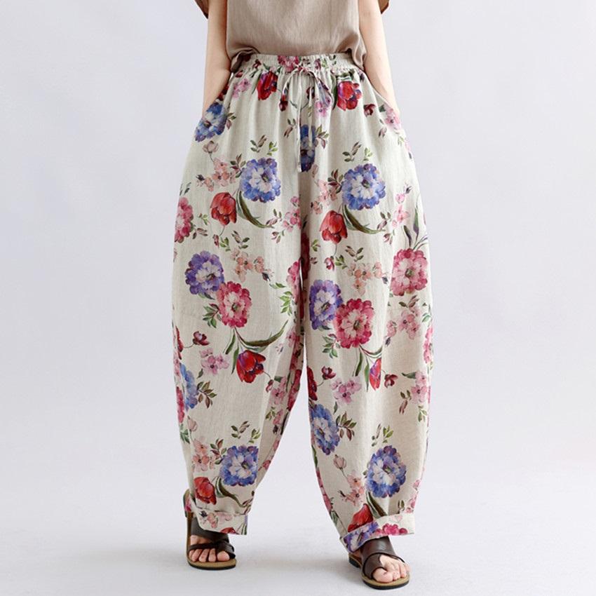 Plus Size Cotton Vintage Floral High Waist Casual Loose Long Spring Summer Autumn Harem Pants Women Trousers