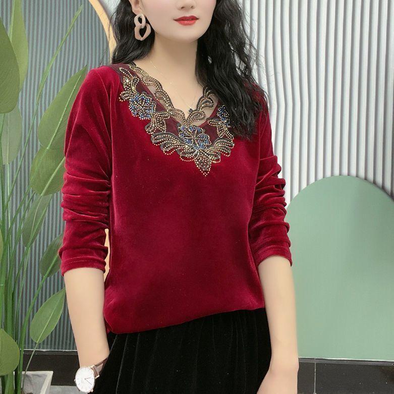 

Женская бархатная блузка со стразами, V-образный вырез, блузка большого размера, весенне-осенняя бархатная футболка с длинным рукавом 5XL бордовый