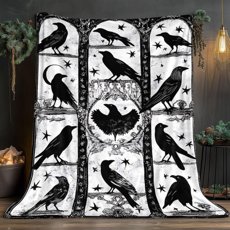 VIKAMA Dark Gothic Crow Blanket Antique Arch Raven Star Moon Print Soft Warm Halloween Holiday Gift Dorm Office Sofa Throw