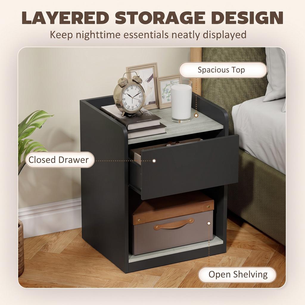 Modern Bedside Table, Slim Nightstand with Drawer, Shelf and Cable Holes, Black and Grey Wood Effect
