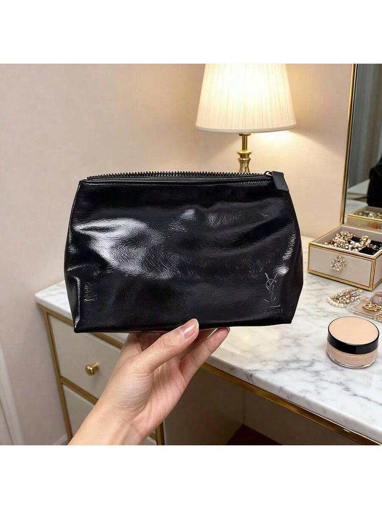 YSL-Women’s Black Rectangular Makeup Bag, Handheld Travel Cosmetic Organizer Pouch, Portable Daily Storage Clutch