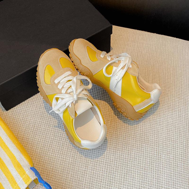 Leather retro German training shoes women's 2025 spring and summer new color matching versatile casual sports shoes inner height increase Forrest