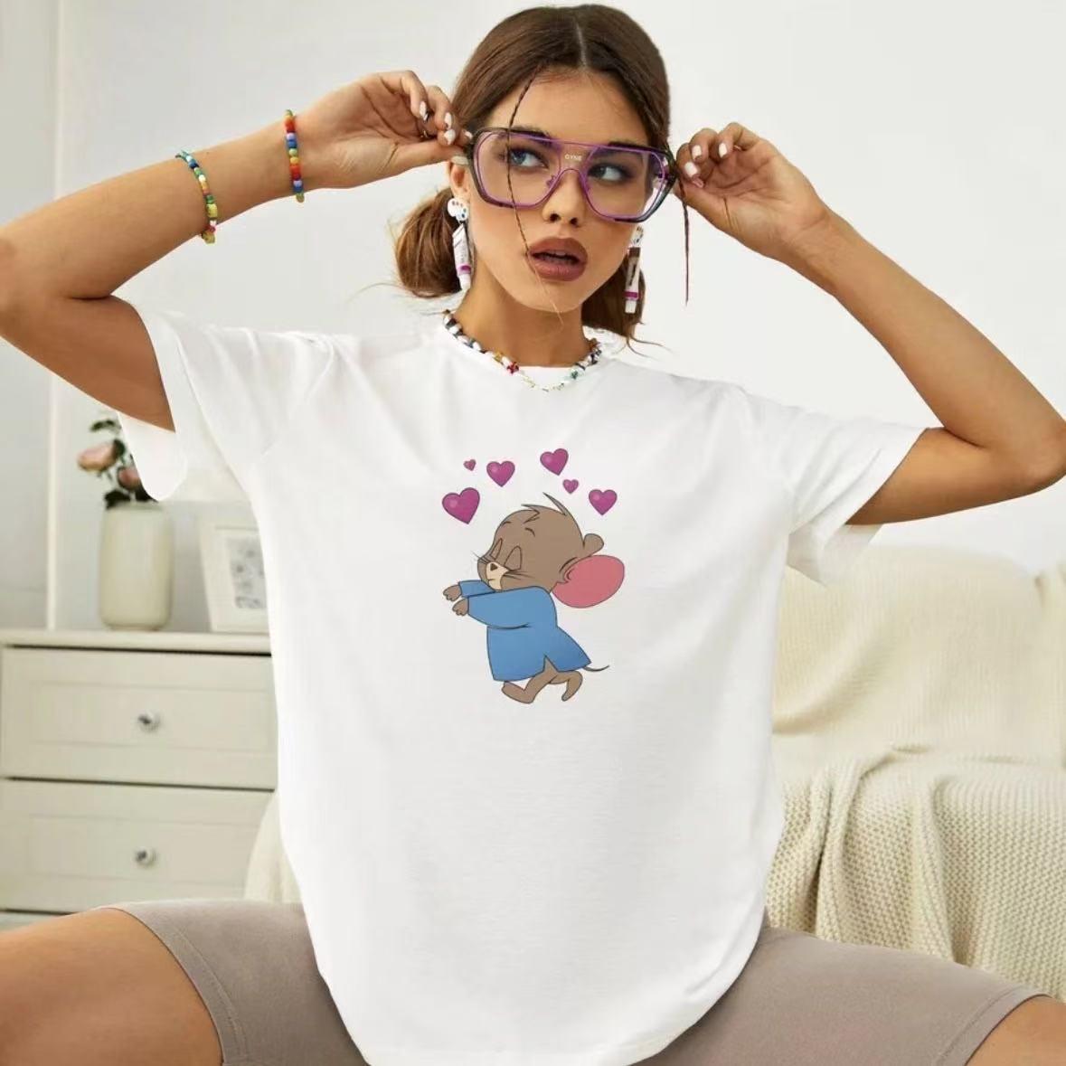 

200 г Хлопок Мультяшный Аниме Круглый вырез Женская Футболка Свободного Кроя с Коротким Рукавом L белый