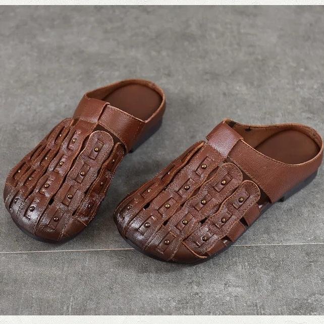 Johnature Genuine Leather Round Toe Flat Slippers Hollow Out Soft Soled Outdoor Slides Women's Slip-on Sheos