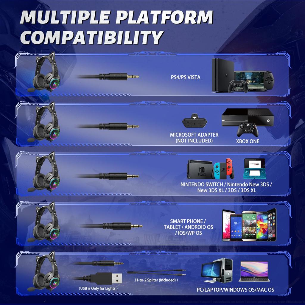 K9 Gaming Headset, Wired Over-Ear Headphones with Detachable Cat Ears, Noise Cancelling Microphone, RGB Backlight, Surround Sound for PC PS5 PS5 Xbox