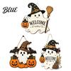 Pumpkin Party Supplies Halloween Wooden Ghost Welcome Sign for Front Door, Rustic Cartoon Hanging Door Plaque with Wizard Hat And Broom Holiday