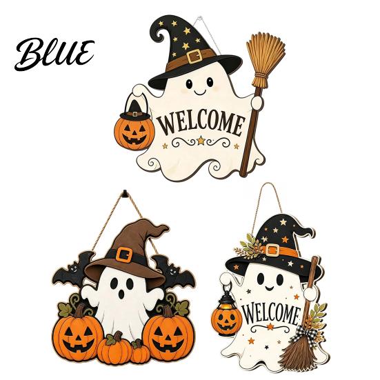Pumpkin Party Supplies Halloween Wooden Ghost Welcome Sign for Front Door, Rustic Cartoon Hanging Door Plaque with Wizard Hat And Broom Holiday