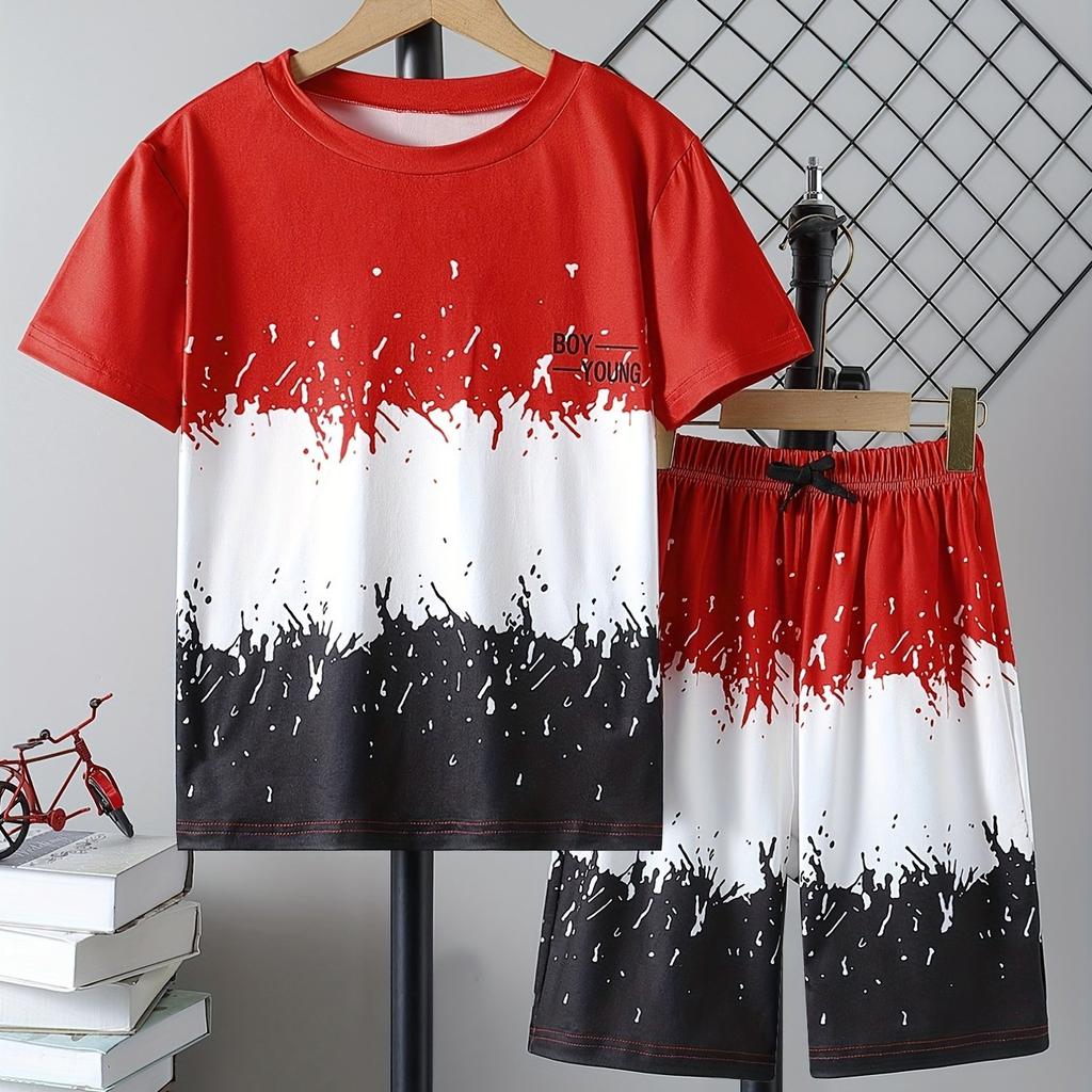 Boy's 2pcs, T-shirt & Shorts Set, Color Block Short Sleeve Top, Casual Outfits, Kids Clothes For Summer