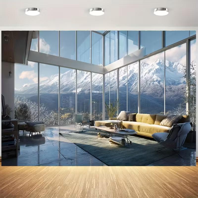 

2D Fake Window View Tapestry, Cozy Living Room with Mountain Background Cloth 47.2x31.5inch/120*80cm