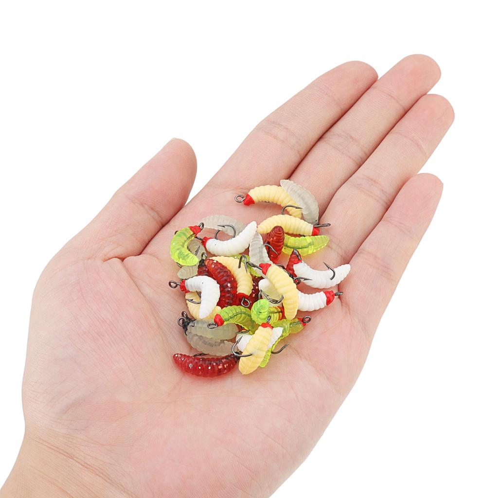 30pcs Luminous Soft Silicone Maggot Worm with Hooks Already Attached Artificial Bread Worm Fishing Hooks Lures
