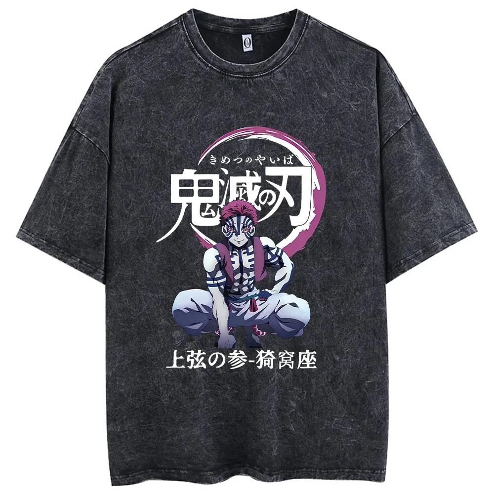 Women'S Vintage Anime Print Acid-Washed T-Shirt Washed Cotton Short-Sleeved Streetwear Top Manga Fashion Oversized T Shirt