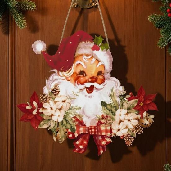 Vintage Style Wooden Pendant Santa Claus Hanging for Christmas, Rustic Floral Wall Sign, Christmas Door Sign Tree Ornament with Hemp Rope Home Office