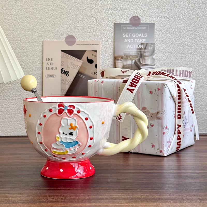 High-value underglaze color relief breakfast oat cup girls large-capacity ceramic mug birthday gift souvenir