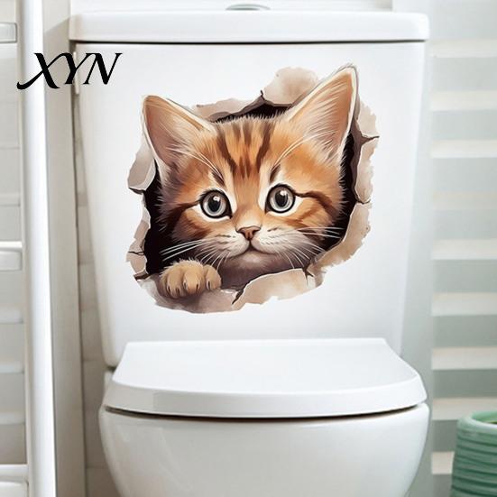 Toilet Lid Decoration Broken Wall Cat Sticker, Peel And Stick Decor PVC Bathroom Decal Decal, Removable Waterproof Sticker for