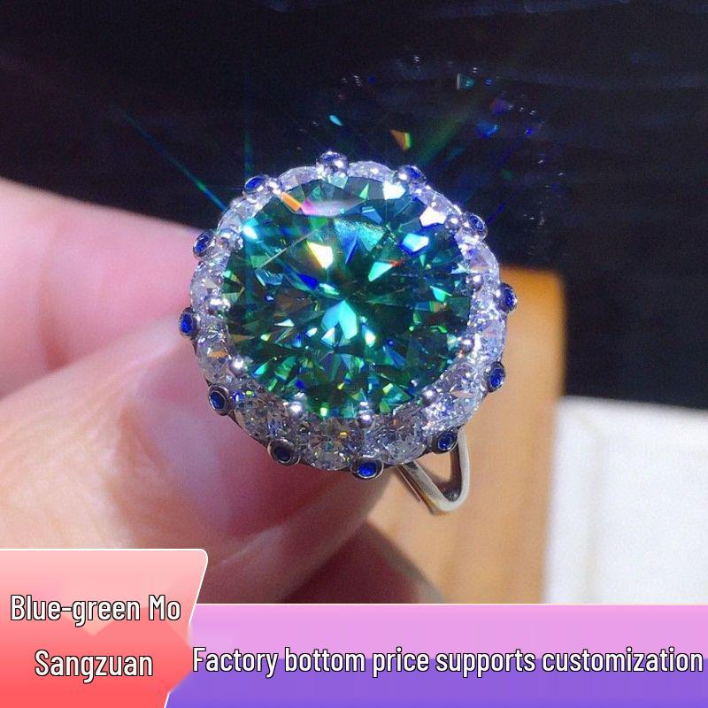 Luxury 2-Carat Blue-Green Moissanite Full Diamond Open Ring for Women