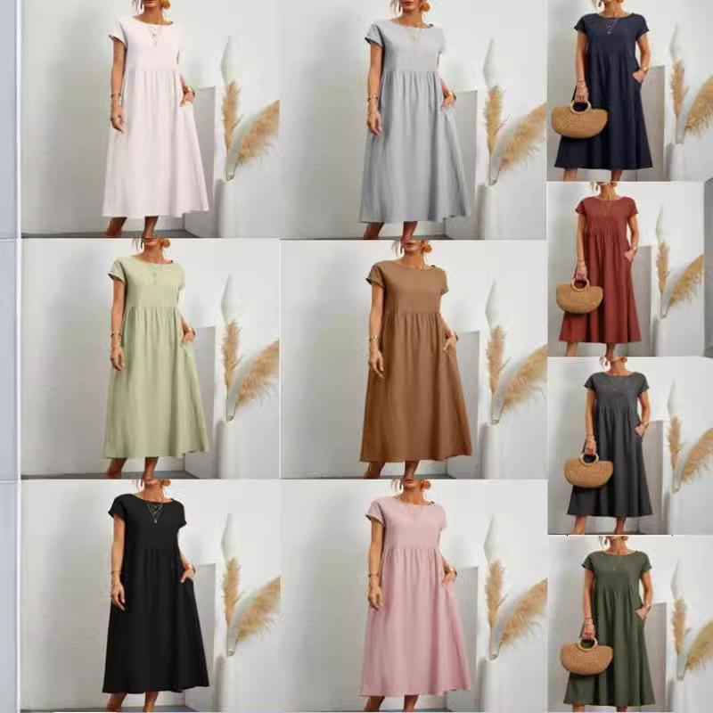 European and American Solid Color Sleeveless Loose Cotton and Linen Pocket Dress