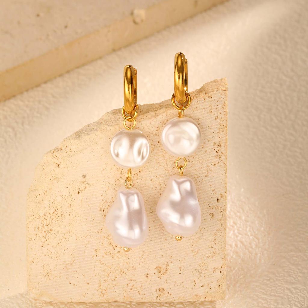 Vintage Irregular Imitation Pearl Earrings for Women, Gold Color Stainless Steel Drop Earrings, Elegant Jewelry Party Gifts