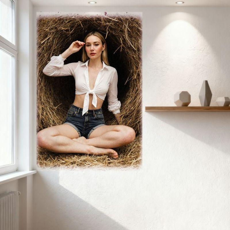 Sexy Blonde Woman Crop Top Denim Shorts Rustic Hay Bale Countryside Scene Tin Sign Vintage Metal Poster for Bar Pub Home Wall De