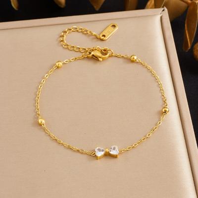 Vergoldetes Schleifen-CZ-Perlenarmband, Zierliches Schmetterlingsschleifen-Gliederarmband mit Klarem Zirkon, Süßer Alltags Schmuck für Frauen Geschenk