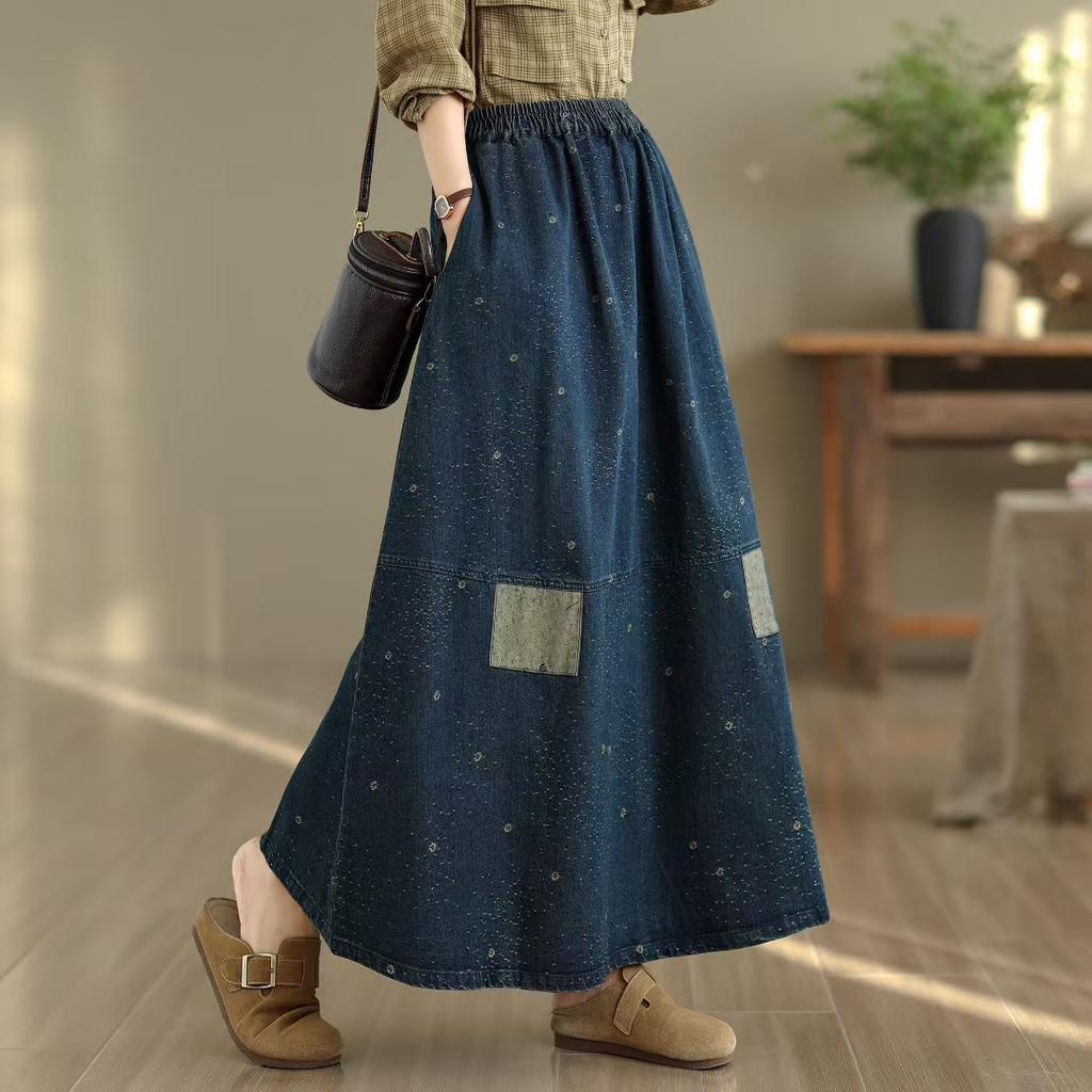 DIMANAF 2025 Summer Spliced Denim skirt Women New Skirts Elastic Elegant Flower Pleated Skirts High Waist