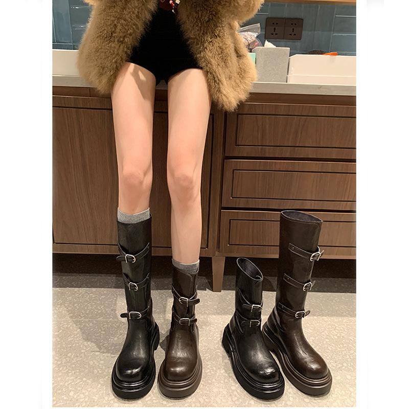 Cowhide version~ Grape mother has the same fashionable belt buckle long knight boots round head thick sole versatile medium tube short boots for women