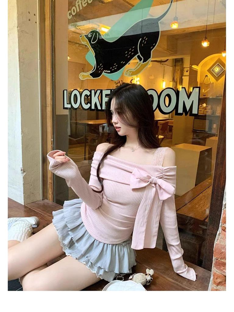 Pure Desire Pink One-Shoulder Bow Lace Top - Sweet & Spicy Autumn/Winter Women's Base Layer