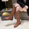 Fashion 2025 New Embroidery Pointed Toe Western Boots Women Slip on Thick Heels Mid Calf Boots Woman Brown Flock Cowboy Botas Mujer D21