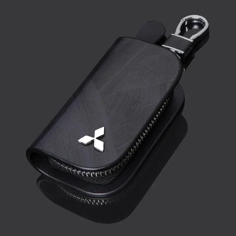 Leather Car Key Bag Vehicle Logo Keychain Case for Mitsubishi Outlander Lancer 9 10 ASX L200 Pajero Mirage Montero Eclipse