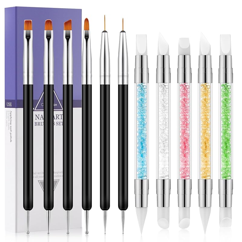 11PCS Nail Art Brushes & Nail Dotting Tools,Double Ended Tipped Silicone Nail Tools,Gel Polish Brush,Liner Brush,Dotting Pen for Home Salon DIY Kit