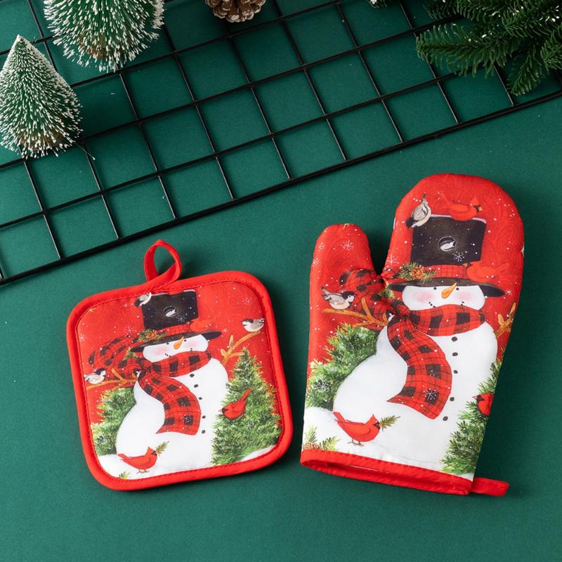 2PCS Christmas Oven Mitts and Pot Holders Set Heat Resistant Microwave Oven Gloves and Potholder for Kitchen Cooking Baking