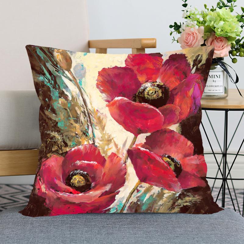 Red Poppy Flower Print Pattern Pillow Case Home Living Room Sofa Bedroom Decoration Soft Throw Square
