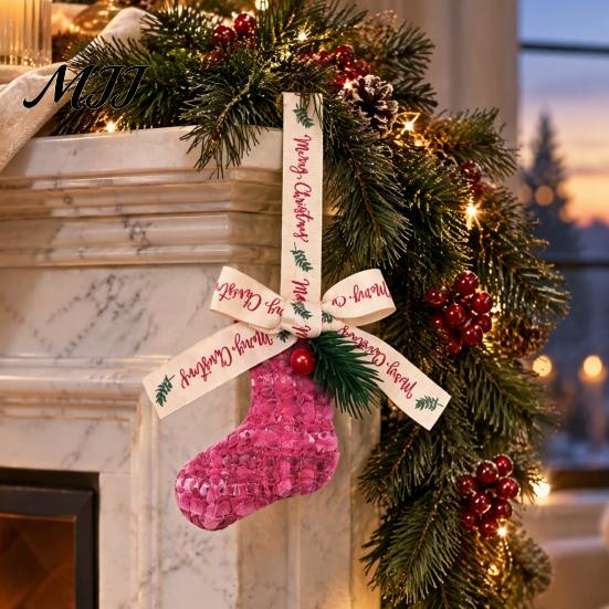 Holiday Party Supplies Christmas Ornament, Sock Shaped/Tinsel Bell Hanging Decoration with Pine Branch Fabric Stocking Pendants Red Berry, Bow Pendant