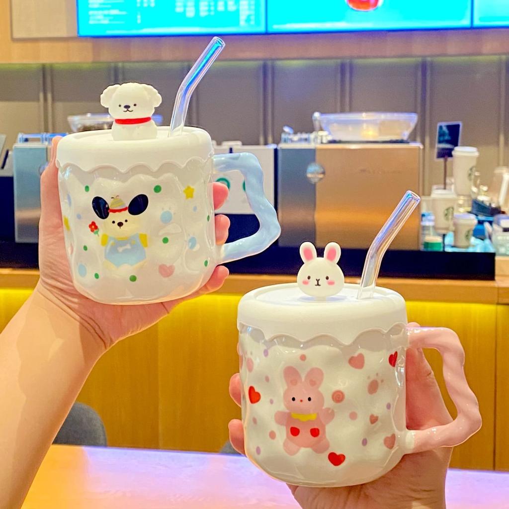 Cute Cartoon Cup Straw Cup Ins Style Mug with Lid Home Gift for Girls Birthday Couple Cup Ceramic Cup