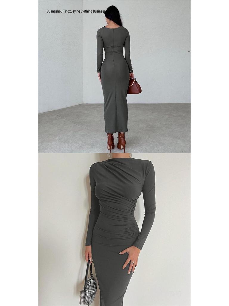 European Style Elegant Round Neck Long Sleeve Slim Fit Bodycon Dress