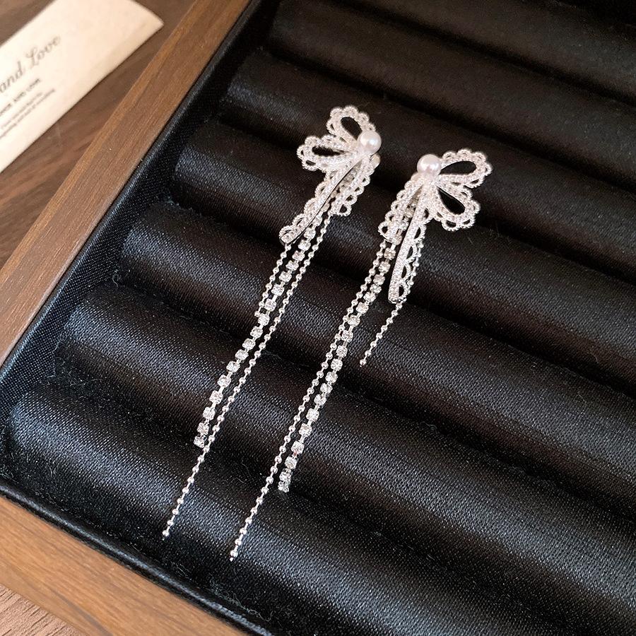 Zircon Pearl Lace Bow Tassel Earrings Exquisite Jewelry